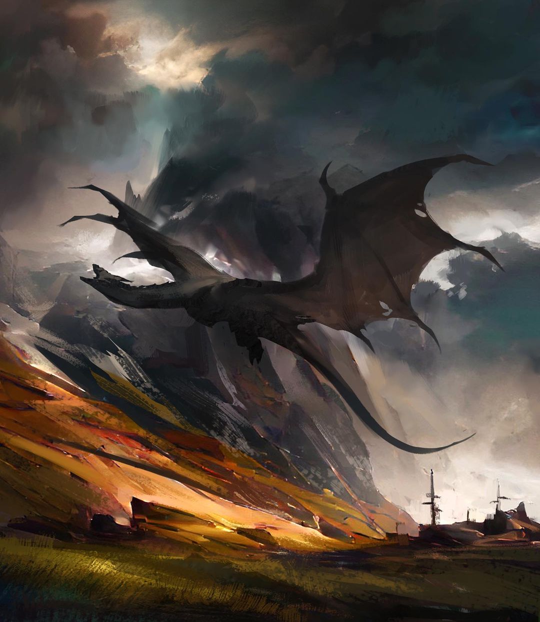 animal_focus, clouds, cloudy_sky, commentary, dragon, english_commentary, fantasy, field