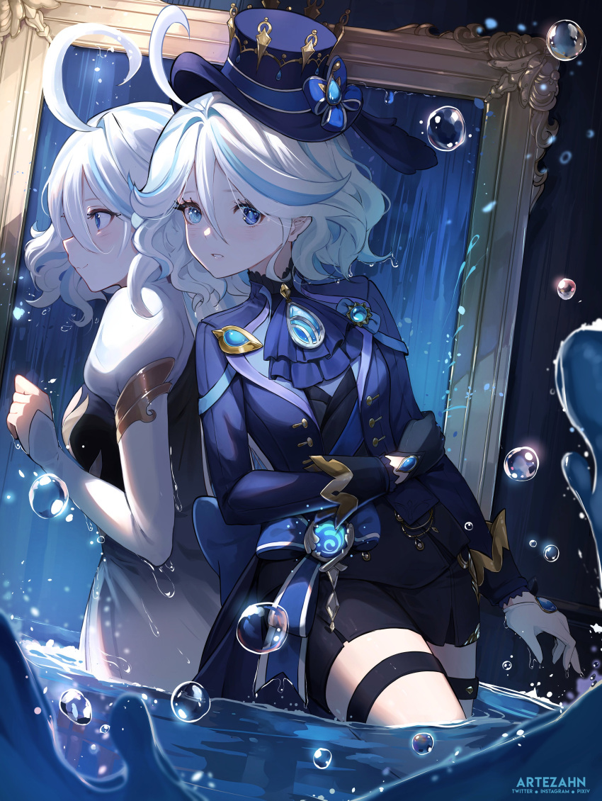 2girls, absurdres, ahoge, artezahn, black_shirt, black_shorts, blue_eyes, blue_hat