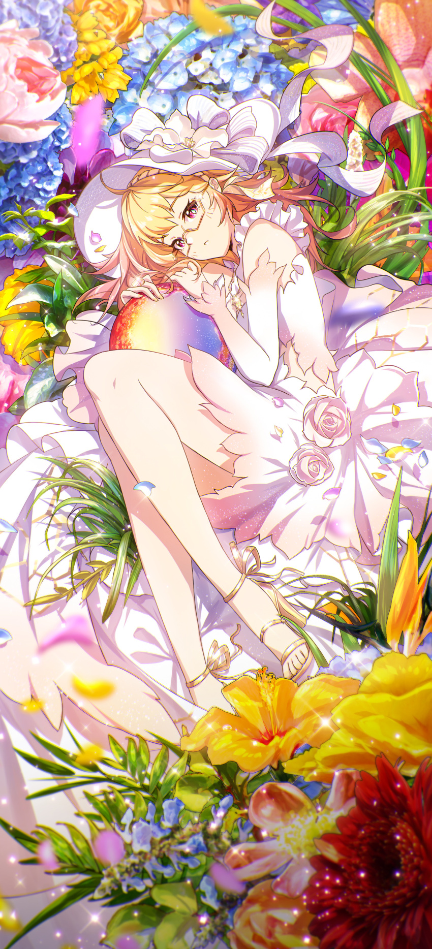 1girl, absurdres, bare_shoulders, blonde_hair, blush, braid, detached_sleeves, dress