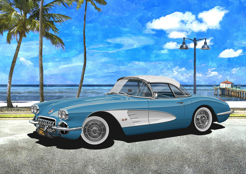 adobe_illustrator_(medium), blue_car, car, chevrolet, chevrolet_corvette, chevrolet_corvette_c1, clouds, dock