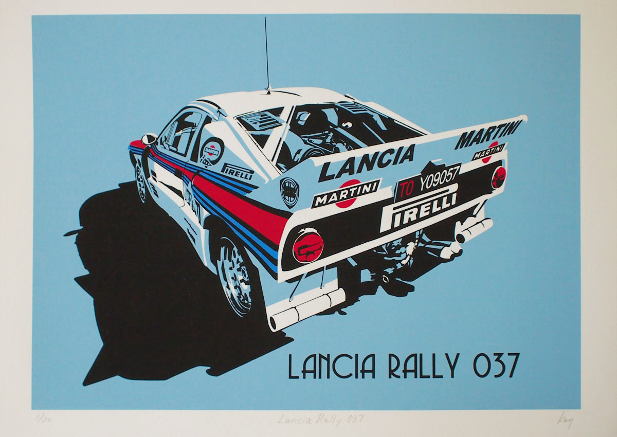 blue_background, border, car, engine, grey_border, lancia_stratos, martini_(brand), motor_vehicle, pirelli, print_(medium), race_vehicle, racecar, radio_antenna, rally_car, shadow, sponsor, suganuma_naoki, vehicle_focus, world_rally_championship