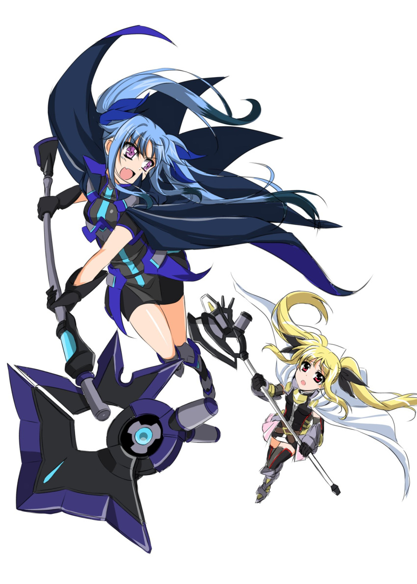 2girls, armored_gloves, axe, battle, black_gloves, blonde_hair, blue_cape, blue_hair, bug, cape, fate_testarossa, fate_testarossa_(blaze_form_ii), fly, gloves, halberd_(nanoha), highres, holding, holding_axe, levi_the_slasher, lyrical_nanoha, magical_girl, mahou_shoujo_lyrical_nanoha_reflection, multiple_girls, open_mouth, pink_eyes, red_eyes, simple_background, thigh-highs, twintails, vulnificus, weapon, white_background, white_cape, yorousa_(yoroiusagi)