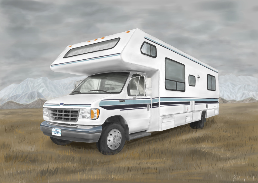 absurdres, clouds, cloudy_sky, ford, ford_e-350, grass, highres, ma-ra_shinja_4