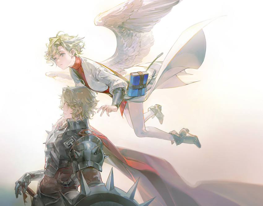 2boys, angel, angel_wings, armor, black_footwear, blonde_hair, blue_eyes, book, cape, closed_mouth, coat, commentary, flying, from_side, hashtag-only_commentary, head_wings, highres, male_focus, multiple_boys, nigel_(unicorn_overlord), noir_(ibaraki), pauldrons, red_cape, rerebrace, sanatio_(unicorn_overlord), shield, short_hair, shoulder_armor, shoulder_spikes, simple_background, spikes, symbol-only_commentary, unicorn_overlord, white_coat, white_wings, wings