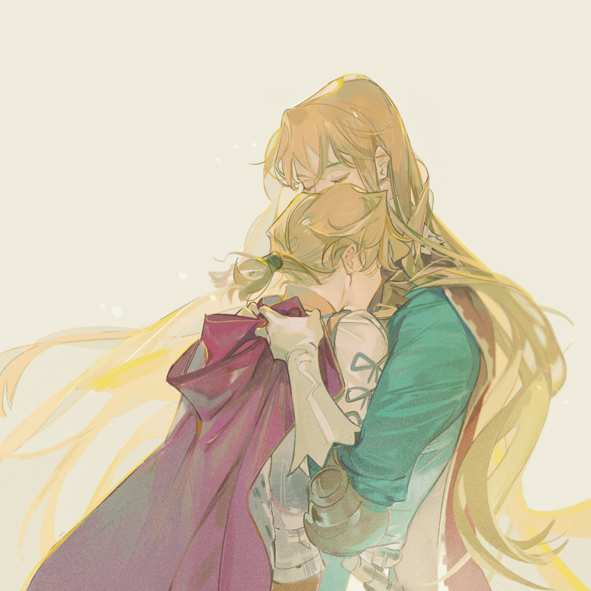 2boys, absurdres, aqua_shirt, aramis_(unicorn_overlord), blonde_hair, brothers, cape, closed_eyes
