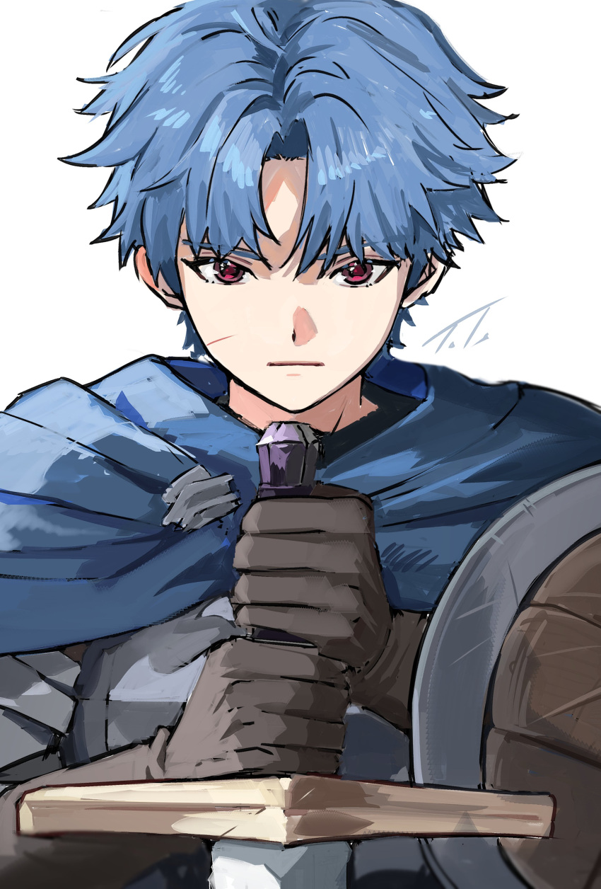 1boy, absurdres, alain_(unicorn_overlord), armor, blue_cloak, blue_hair, breastplate, brown_gloves