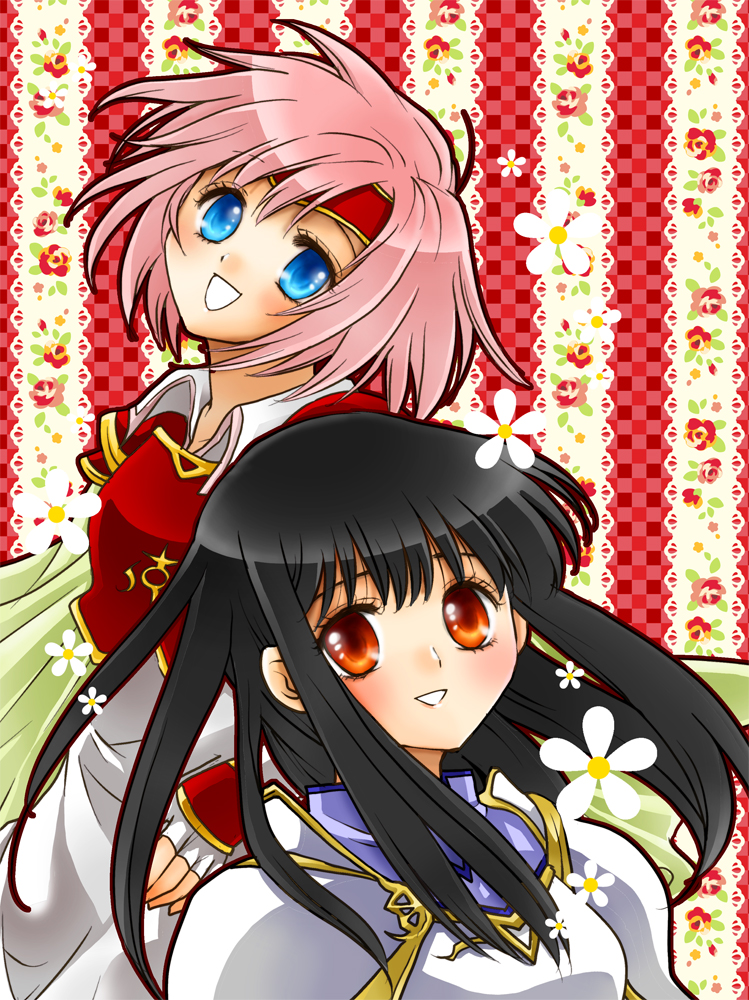 2girls, :d, armor, astrid, black_hair, blue_eyes, fingerless_gloves, fire_emblem