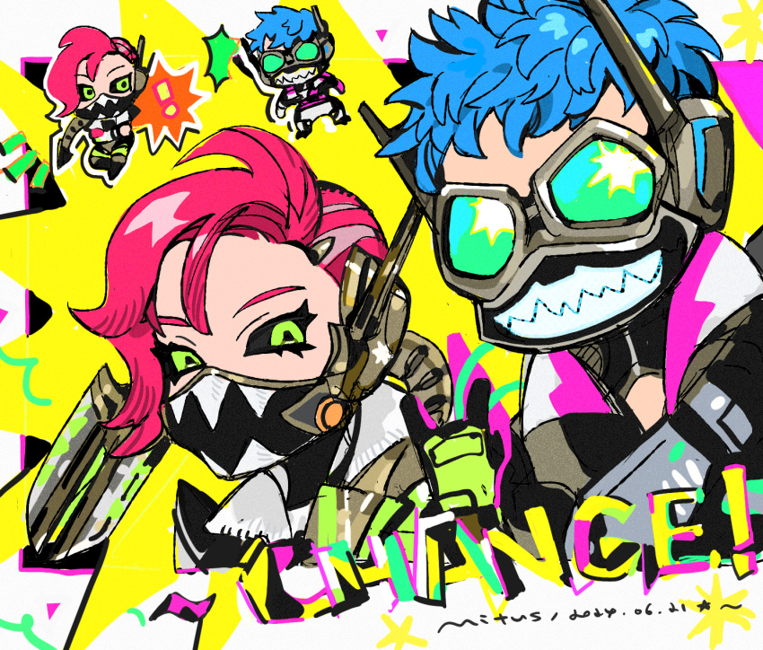 1boy, 1girl, alter_(apex_legends), apex_legends, artist_name, asymmetrical_hair, black_jacket, black_sclera, blue_hair, chibi, chibi_inset, chinese_commentary, colored_sclera, dated, goggles, green_eyes, green_jacket, hair_between_eyes, highres, jacket, looking_at_viewer, mask, mechanical_tail, mitus, mouth_mask, multiverse_marathoner_octane, octane_(apex_legends), official_alternate_costume, portrait, redhead, short_hair, sidecut, sinister_speedster_alter, star_(symbol), tail, undercut