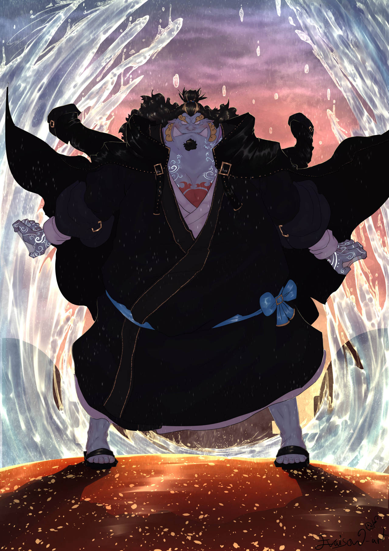 1boy, black_hair, black_jacket, black_kimono, blue_sash, blue_skin, chest_tattoo, colored_skin