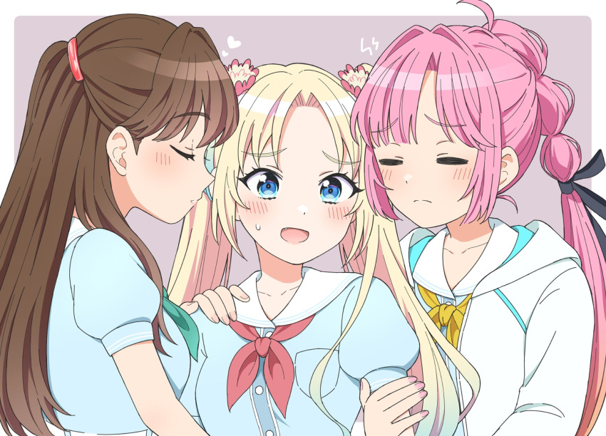 3girls, :d, ahoge, anyoji_hime, aqua_neckerchief, black_ribbon, blonde_hair, blue_dress
