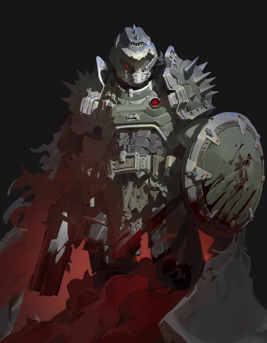 1boy, absurdres, armor, assault_visor, belt, doom:_the_dark_ages, doom_(series), doomguy, full_armor, gun, helmet, highres, holding, holding_gun, holding_shield, holding_weapon, male_focus, mark_of_the_doom_slayer, pacpoi, power_armor, shield, shotgun, shoulder_pads, shoulder_spikes, spikes, standing, weapon