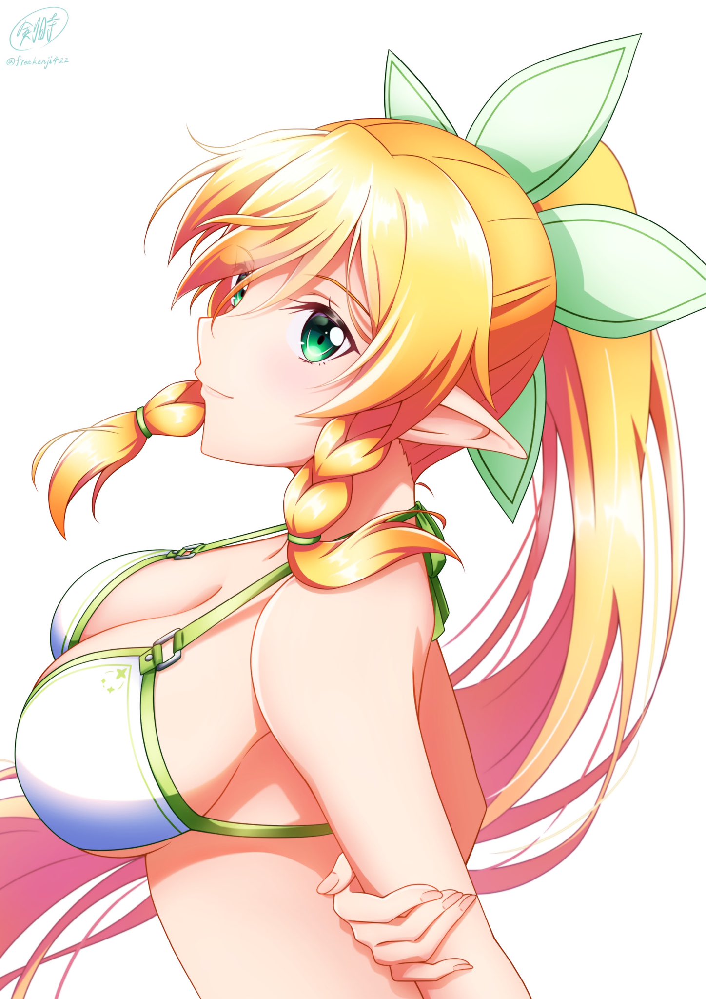 1girl, arm_behind_back, blonde_hair, braid, breasts, elf, green_eyes, hair_between_eyes