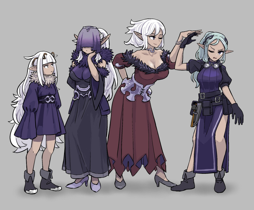 4girls, annoyed, aqua_hair, bangle, belt, black_dress, black_footwear, black_gloves