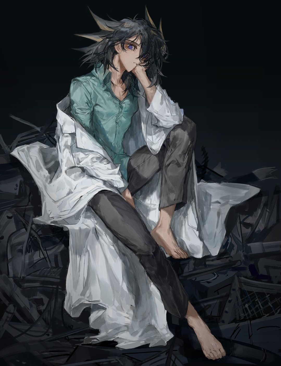 1boy, arm_at_side, barefoot, black_background, black_hair, black_pants, black_shirt, blue_eyes