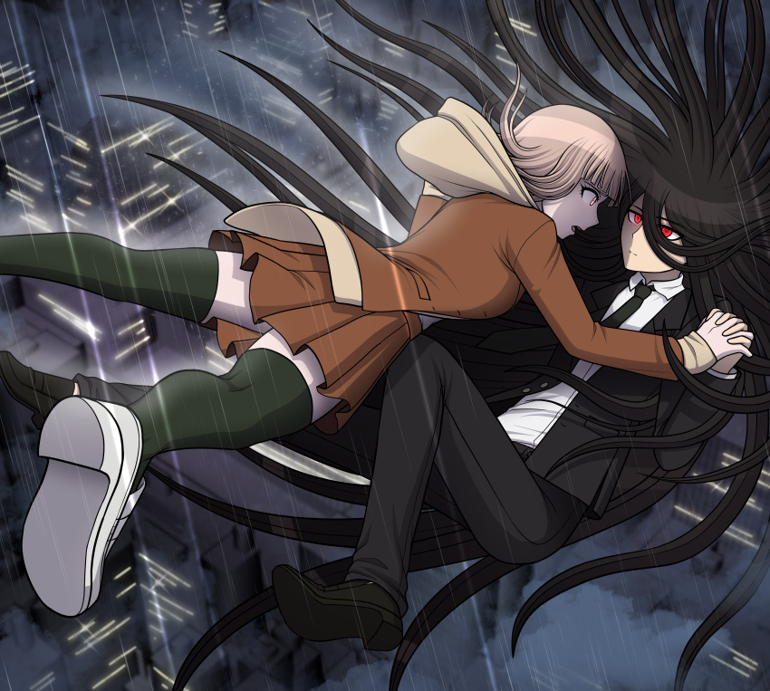 1boy, 1girl, absurdres, black_footwear, black_hair, black_jacket, black_necktie, black_pants