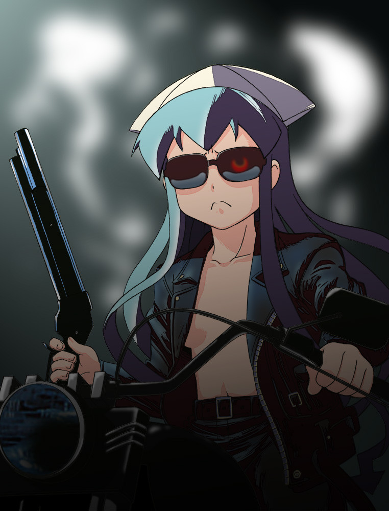 1girl, :<, arnold_schwarzenegger, belt, biker_clothes, blue_hair, cosplay, crossover, glowing_eye, gun, hat, ikamusume, leather_jacket, long_hair, motor_vehicle, motorcycle, omotyanoneko, open_clothes, open_jacket, parody, shinryaku!_ikamusume, shotgun, solo, sunglasses, t-800, terminator, vehicle, weapon