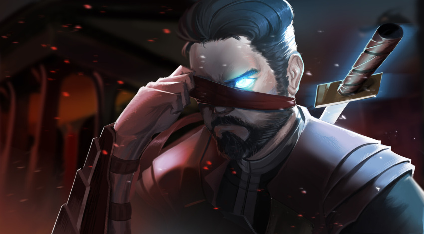 1boy, artstation_username, ashes, asian, blind, blindfold, glowing_eyes, japan
