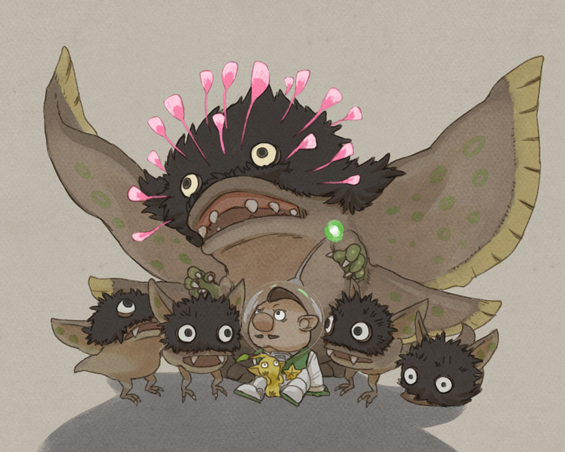1boy, badge, bags_under_eyes, big_nose, black_eyes, brown_hair, charlie_(pikmin), colored_skin