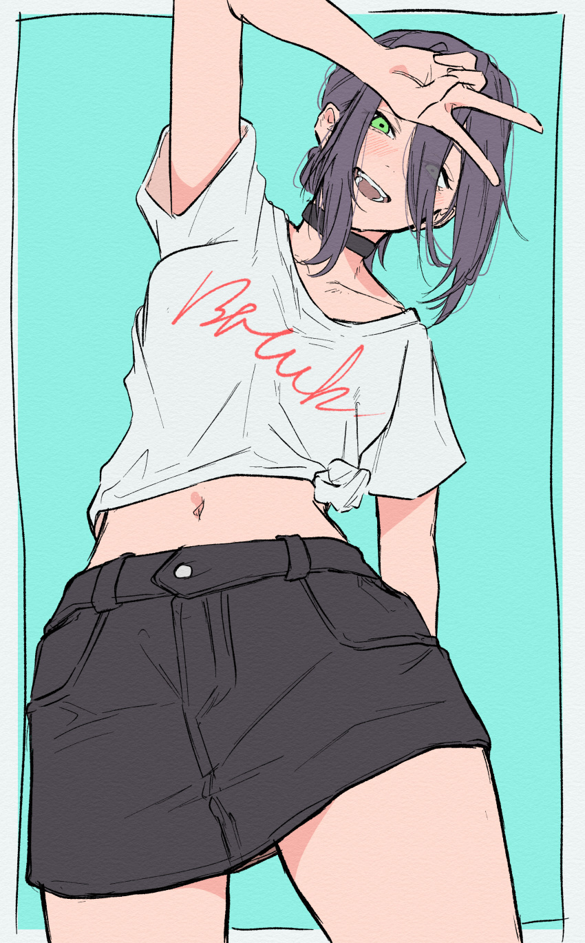 1girl, absurdres, breasts, chainsaw_man, choker, green_eyes, hair_bun, happy, head_tilt, highres, medium_breasts, medium_hair, midriff, navel, open_mouth, purple_hair, reze_(chainsaw_man), shirt, shorts, simple_background, single_hair_bun, tian_zhu2357, upper_body, v, white_shirt