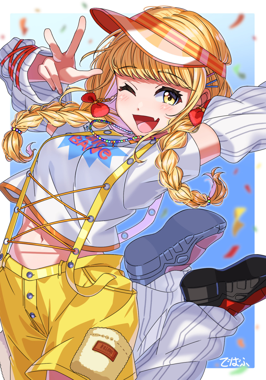 1girl, blonde_hair, braid, breasts, confetti, debuff999, earrings, fang