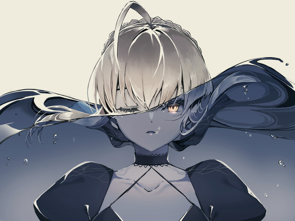 1girl, ahoge, akami_fumio, artoria_pendragon_(fate), black_choker, black_dress, braid, brown_background