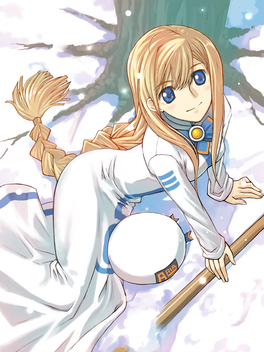 alicia_florence, aria, arm_support, blue_eyes, braid, brown_hair, highres, hirokiku