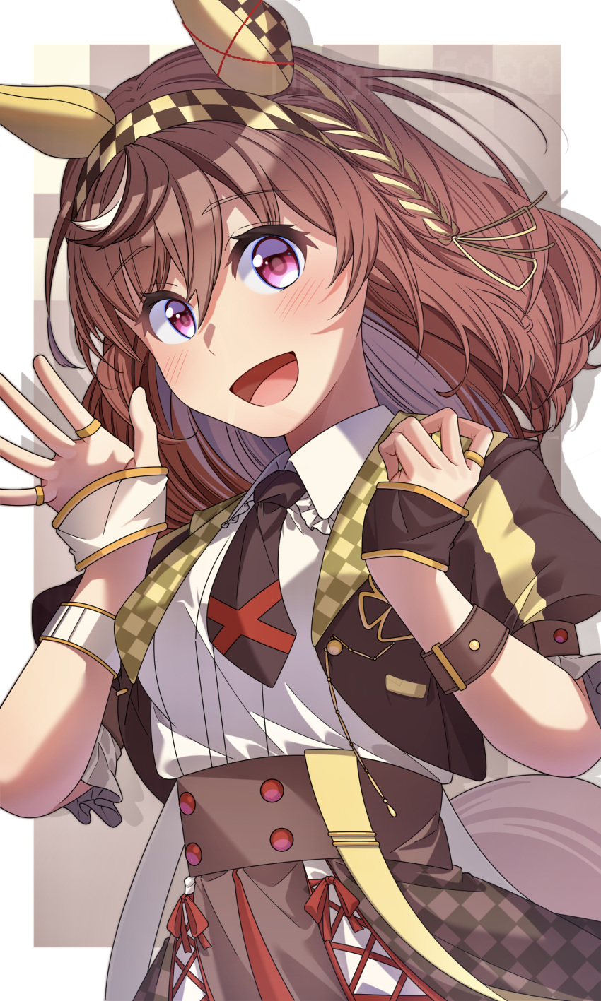 1girl, absurdres, blush, braid, breasts, brown_hair, buena_vista_(umamusume), commentary_request