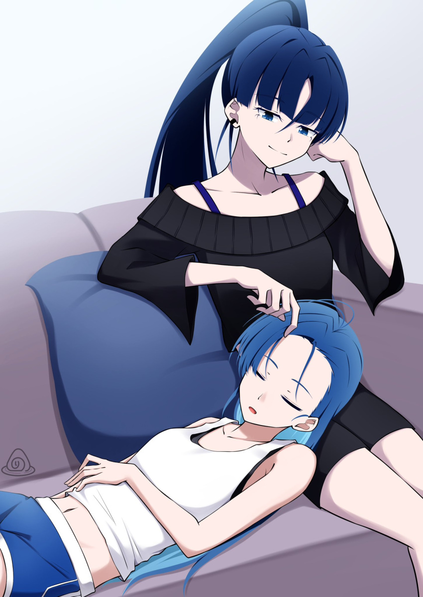 2girls, ado_(utaite), black_shorts, black_sweater, blue_eyes, blue_hair, blue_shorts, breasts, closed_eyes, collarbone, commentary_request, couch, couple, earclip, hair_between_eyes, highres, lap_pillow, merry_(ado), midriff, multiple_girls, naima_(ado), navel, nori_(norinori_yrl), off-shoulder_sweater, off_shoulder, open_mouth, parted_bangs, pillow, playing_with_another's_hair, ponytail, readymade_(ado), shorts, sleeping, sleeping_on_person, sleeves_past_elbows, small_breasts, sweater, tank_top, usseewa, white_tank_top, yuri