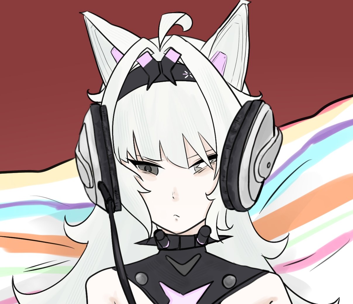 ahoge, animal_ears, cross-shaped_pupils, grey_eyes, grey_hair, hair_intakes, headphone_cat_(meme), headphones