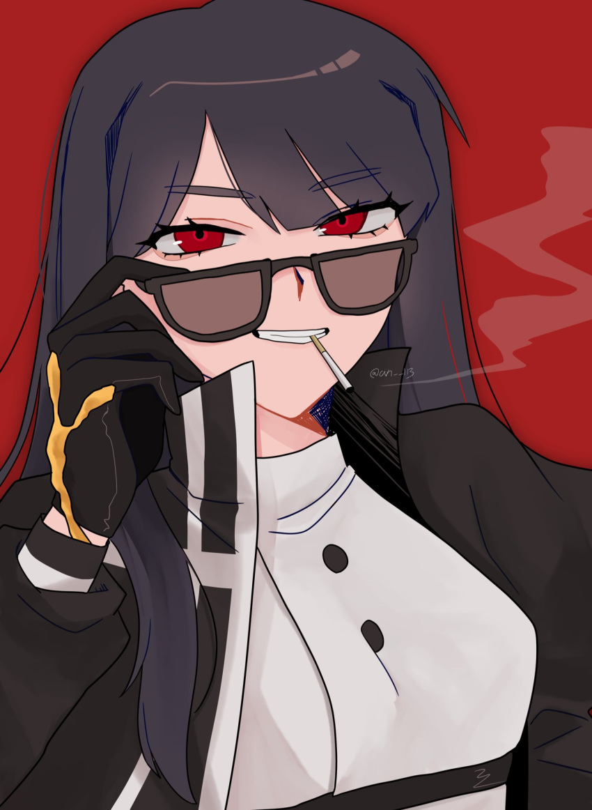 1girl, black_gloves, black_hair, black_jacket, blunt_bangs, cigarette, contempt_awe_(e.g.o), e.g.o_(project_moon)