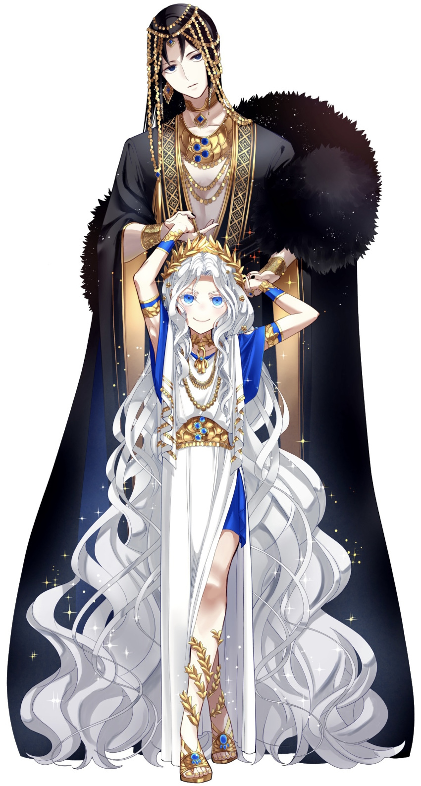 1boy, 1girl, a_aries06, absurdly_long_hair, ancient_greek_clothes, armlet, black_eyes, black_hair