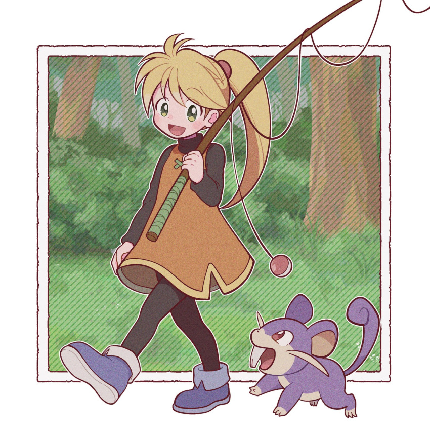1girl, :d, animal_ears, black_shirt, blonde_hair, blue_footwear, blush, buck_teeth