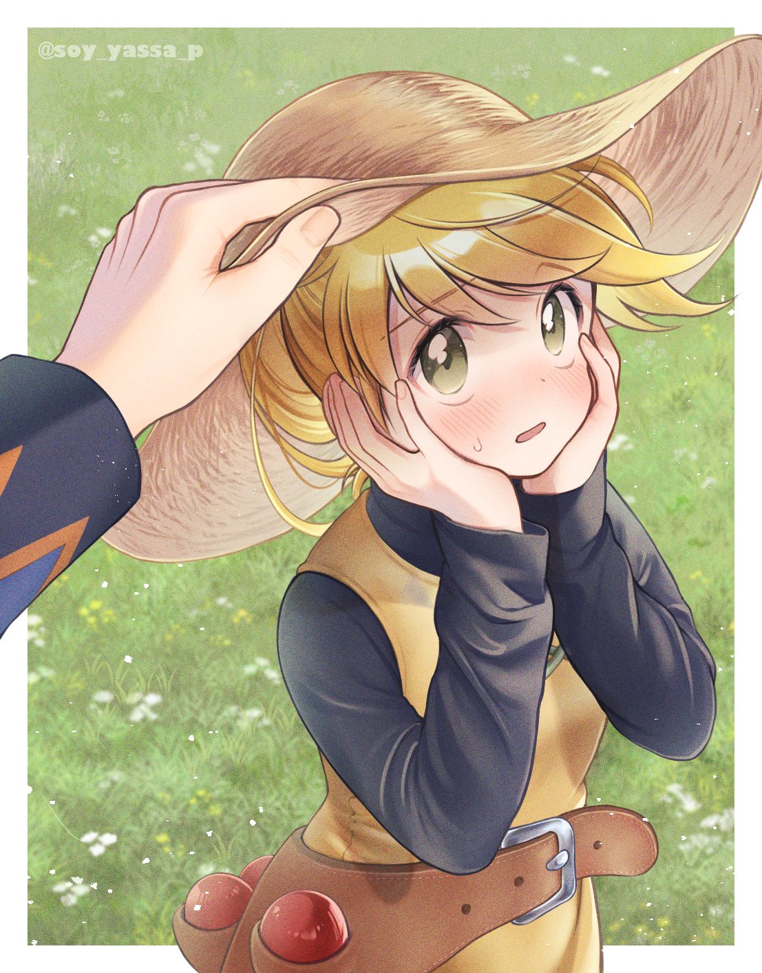 1boy, 1girl, belt, black_shirt, blonde_hair, blush, border, brown_belt