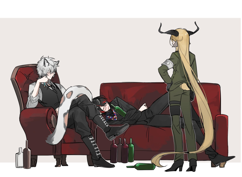 1girl, 2boys, absurdly_long_hair, animal_ears, annoyed, arknights, black_footwear, black_gloves