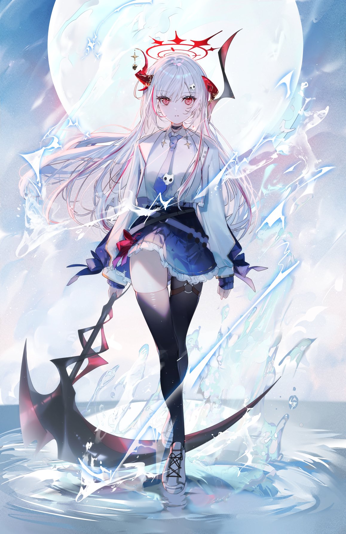black_thighhighs, blue_necktie, blue_skirt, crosshair, crosshair_pupils, demon_horns, dtto., dtto._(2nd_costume)