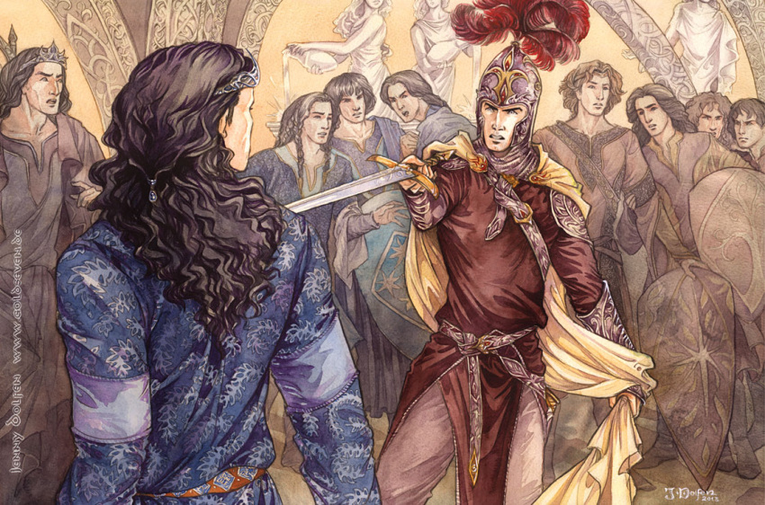 6+boys, argon_(silmarillion), armor, beads, belt, black_hair, blue_tunic, bracer