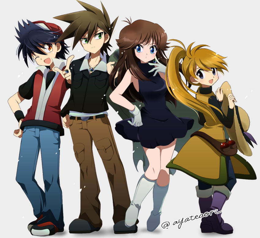 2boys, 2girls, :d, ;d, ayateaori, belt, black_dress, black_hair, black_jacket, black_shirt, blonde_hair, blue_eyes, blue_oak, blush, boots, brown_hair, brown_hat, brown_pants, closed_mouth, collared_shirt, commentary_request, denim, dress, gloves, green_(pokemon), green_eyes, grey_eyes, grey_footwear, hair_between_eyes, hand_on_own_hip, hat, highres, holding, holding_clothes, holding_hat, jacket, jeans, jewelry, long_hair, long_sleeves, looking_at_viewer, mega_stone, multiple_boys, multiple_girls, necklace, one_eye_closed, open_mouth, pants, pokemon, pokemon_adventures, ponytail, purple_footwear, red_(pokemon), red_eyes, red_footwear, red_hat, shirt, shoes, short_hair, short_sleeves, simple_background, sleeveless, sleeveless_dress, smile, spiky_hair, straw_hat, tunic, turtleneck, turtleneck_shirt, twitter_username, unworn_hat, unworn_headwear, white_background, white_footwear, white_gloves, white_shirt, wristband, yellow_(pokemon), yellow_tunic