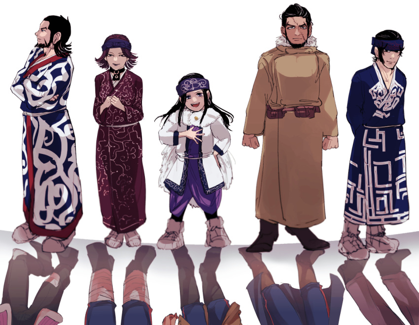 2girls, 3boys, ainu, ainu_clothes, asirpa, beard, crossed_arms, different_reflection