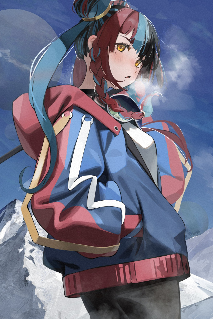 black_hair, black_leggings, blue_hair, blue_jacket, blush, braid, breasts, breath