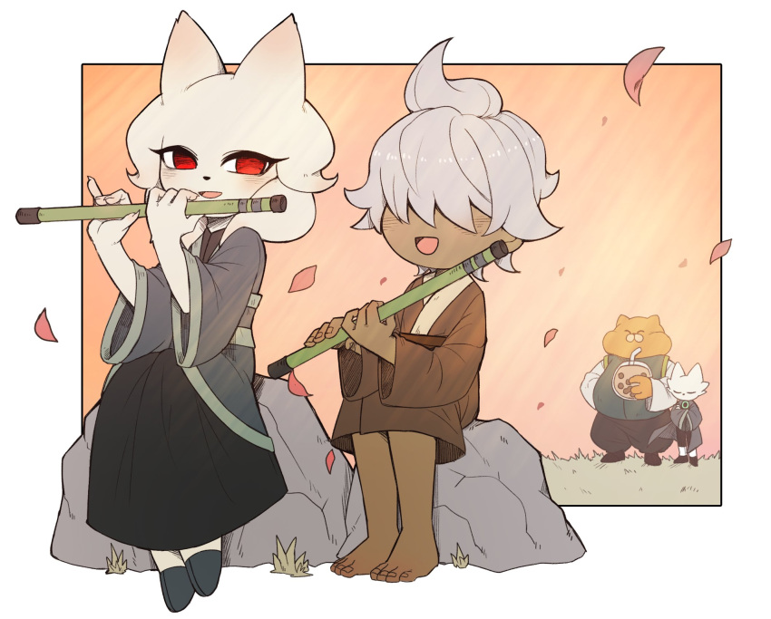 1girl, 3boys, :d, barefoot, black_skirt, border, brown_robe, cat_boy, commentary, covered_eyes, dark-skinned_male, dark_skin, english_commentary, eyelashes, falling_petals, flute, furry, furry_female, furry_male, grey_hair, hakama, hakama_skirt, heng_(nine_sols), highres, holding, holding_flute, holding_instrument, instrument, japanese_clothes, kuafu_(nine_sols), multiple_boys, nine_sols, on_grass, on_rock, orange_fur, outside_border, petals, red_eyes, robe, shuanshuan_(nine_sols), sitting, skirt, smile, standing, white_border, white_fur, wide_sleeves, yi_(nine_sols), yyang_gg