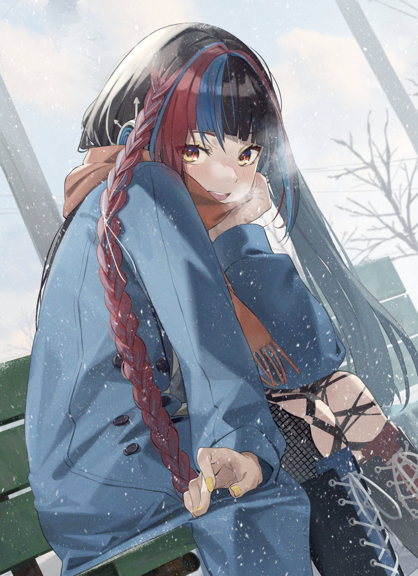 absurdres, bare_tree, bench, black_footwear, black_hair, blue_coat, blue_footwear, blue_hair