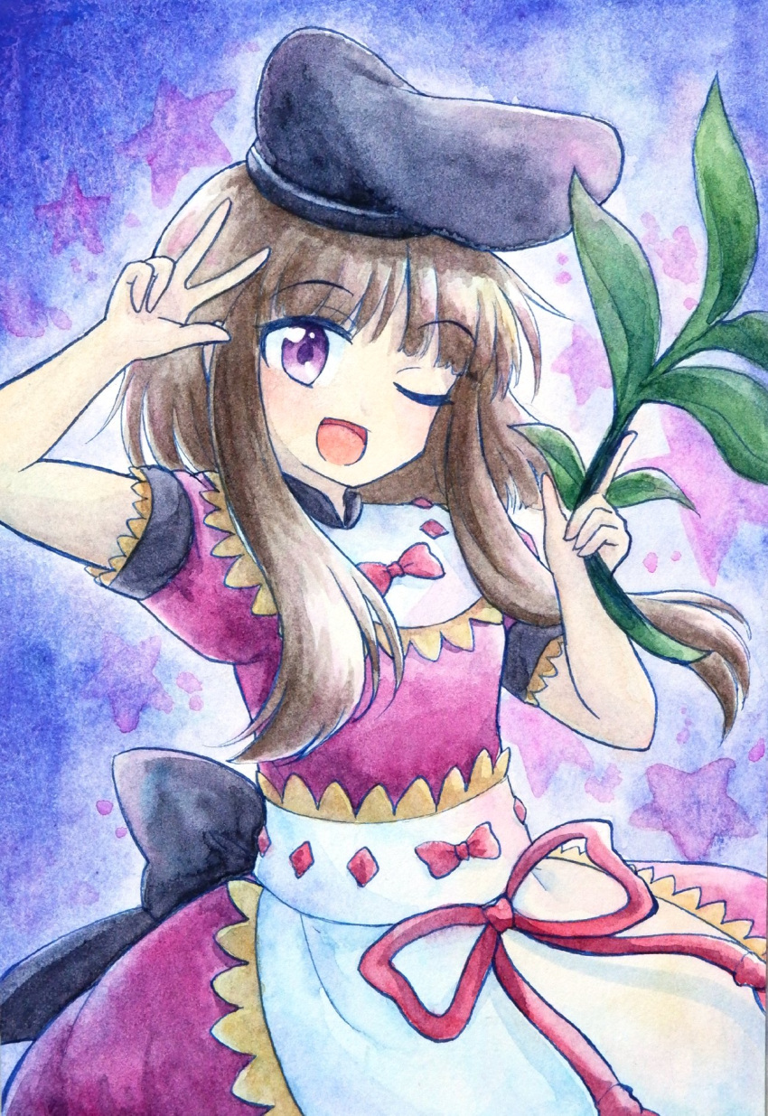 1girl, :d, apron, back_bow, black_bow, black_hat, bow, breasts