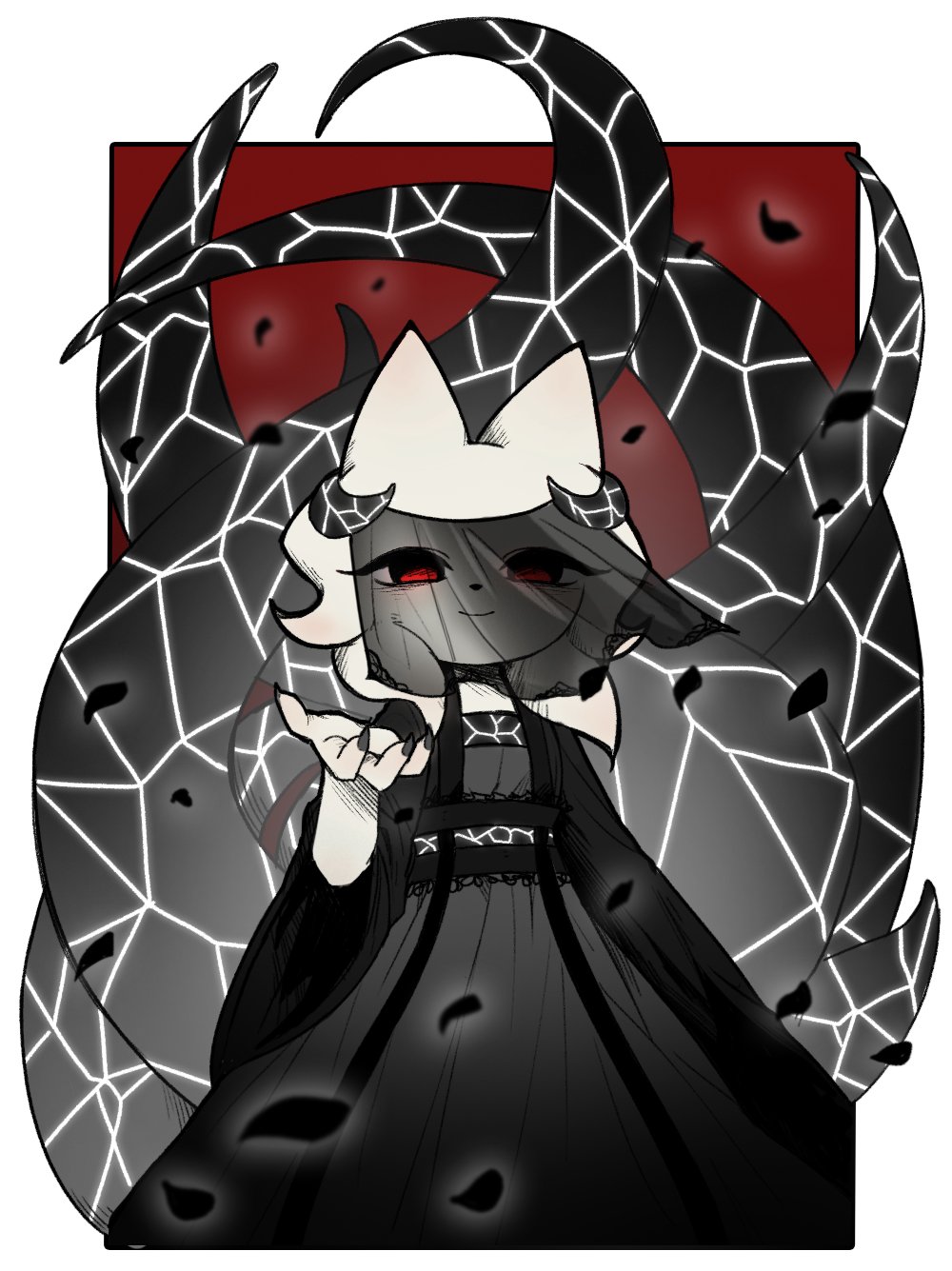 1girl, black_dress, black_nails, border, closed_mouth, commentary, dress, english_commentary
