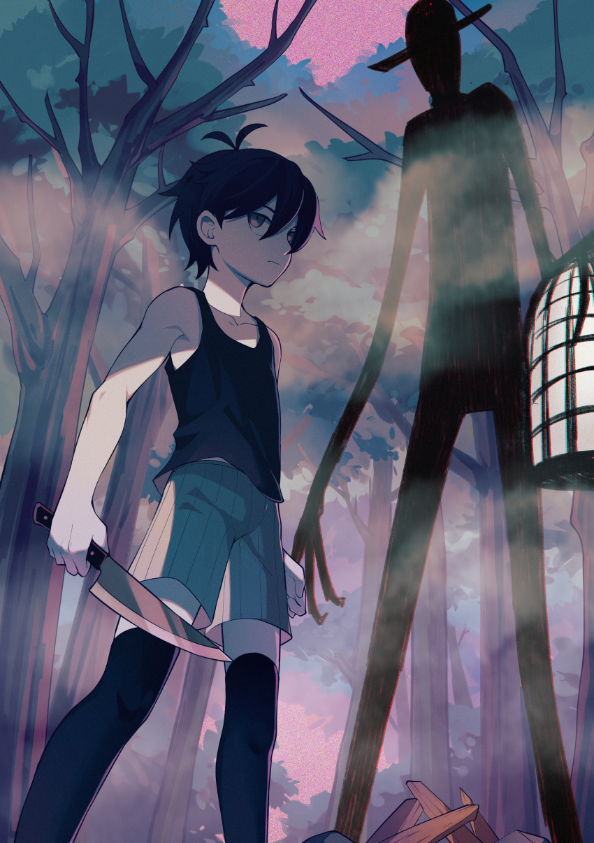 2boys, absurdres, black_eyes, black_hair, black_tank_top, black_thighhighs, brick_st, closed_mouth, collarbone, colored_skin, daddy_longlegs_(omori), expressionless, fog, forest, hat, height_difference, highres, holding, holding_knife, holding_lantern, knife, lantern, multiple_boys, nature, omori, omori_(omori), short_hair, shorts, spoilers, standing, tank_top, thigh-highs, tree, white_skin