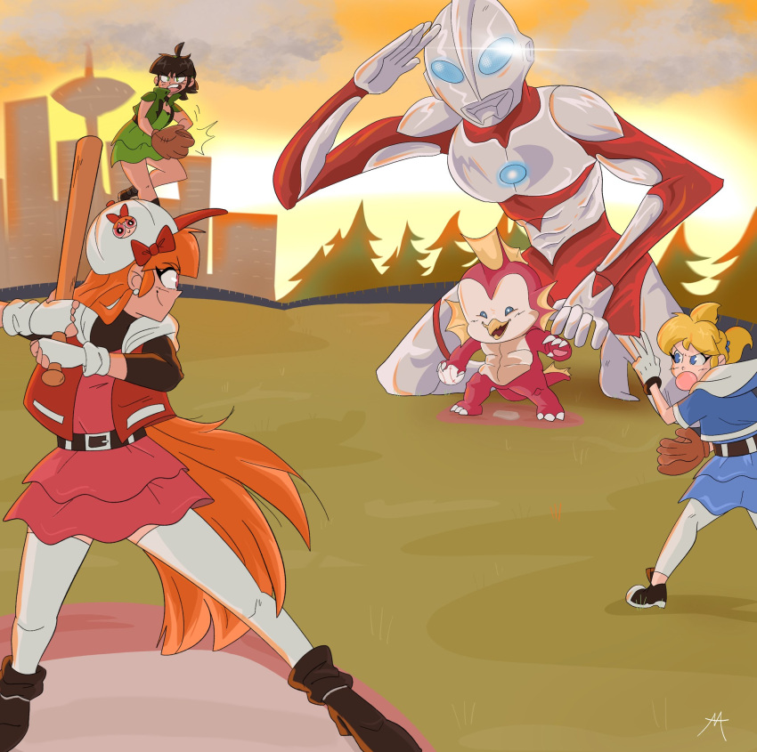 1boy, 4girls, ahoge, alternate_costume, artificial_intelligence, baseball, baseball_(object), baseball_bat