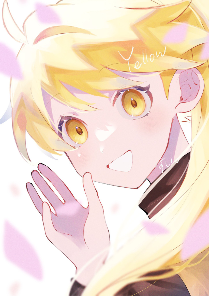 1girl, ahoge, black_shirt, blonde_hair, character_name, close-up, commentary_request, hand_up, highres, long_hair, long_sleeves, looking_at_viewer, open_mouth, pokemon, pokemon_adventures, shirt, smile, solo, swept_bangs, tanda_sui, tunic, turtleneck, turtleneck_shirt, yellow_(pokemon), yellow_eyes, yellow_tunic