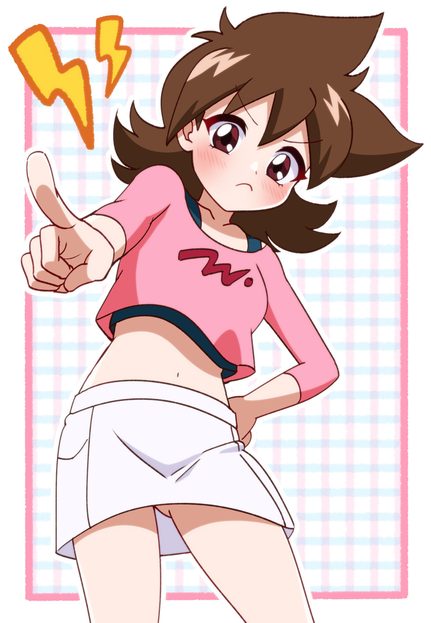 >:(, 1girl, absurdres, angry, bakuten_shoot_beyblade, beyblade, blush, brown_hair