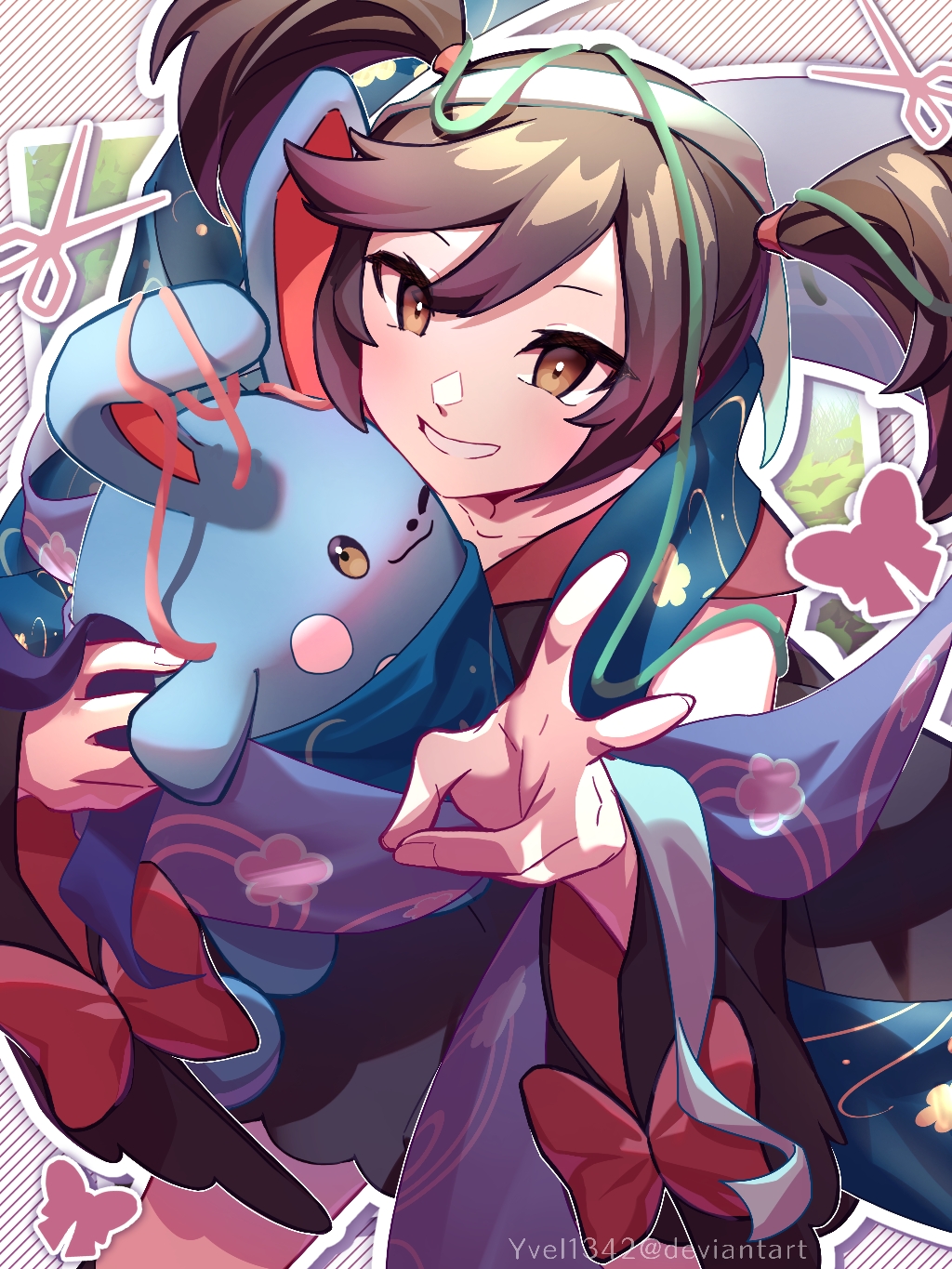 1girl, azumarill, brown_eyes, commentary, floral_print, furisode_girl_(pokemon), furisode_girl_kali, green_ribbon