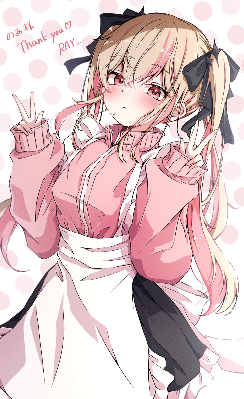 1girl, absurdres, apron, black_bow, black_skirt, blonde_hair, blush, bow