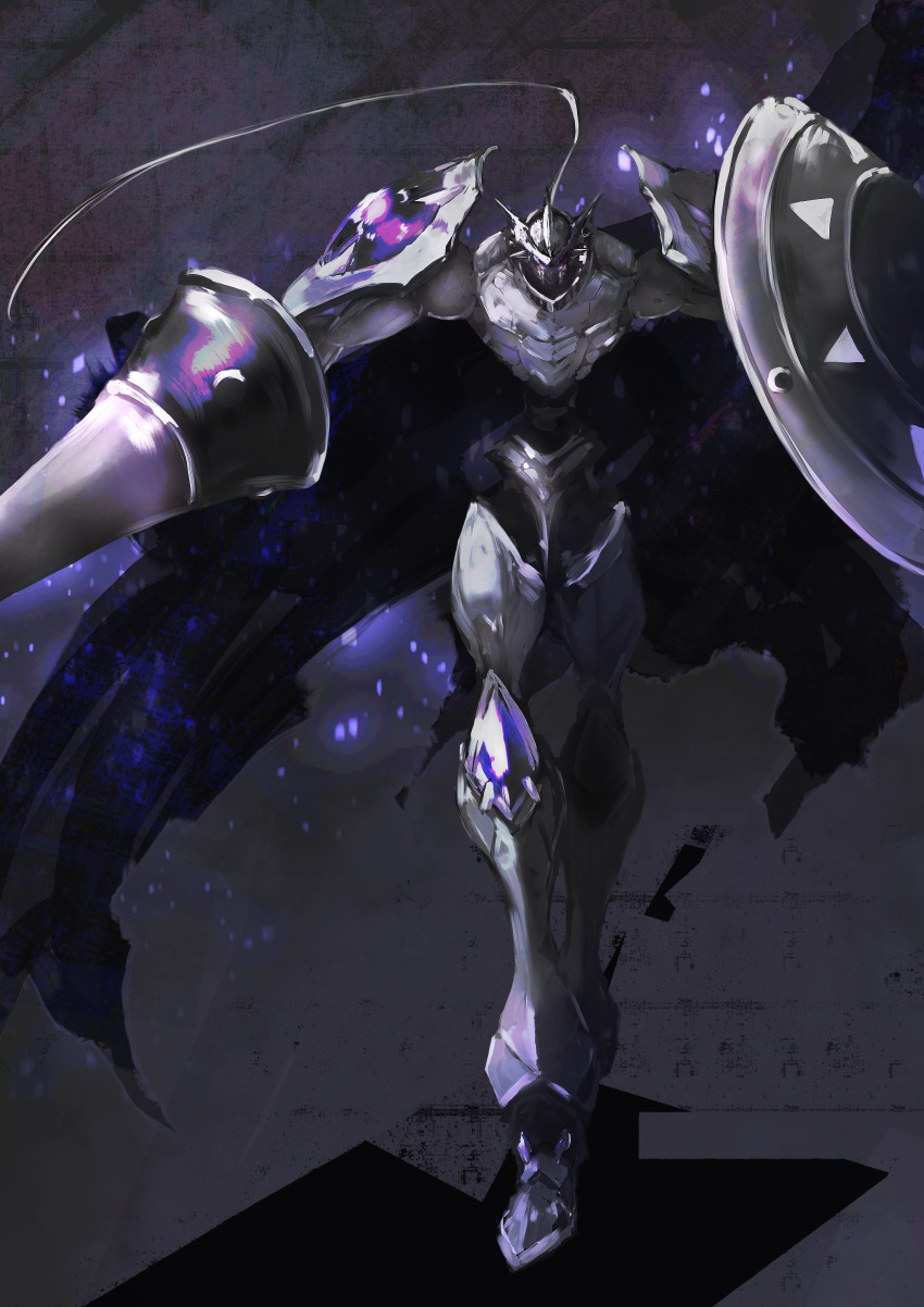 absurdres, armor, cape, chaosdukemon, dark_knight, digimon, digimon_(creature), dukemon, full_armor, glowing, grey_armor, helmet, highres, holding, holding_shield, knight, lance, name_e04, plate_armor, plume, polearm, purple_armor, purple_cape, shield, shoulder_armor, shoulder_pads, visor_(armor), walking, weapon